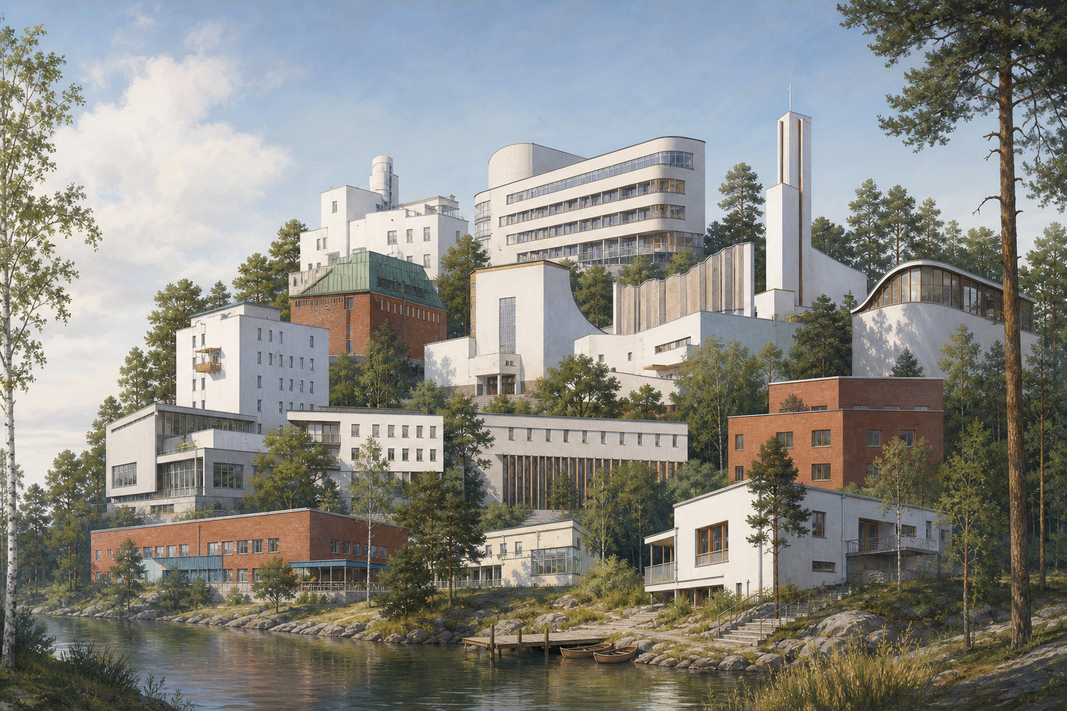 Kuvituskuva suomalaisista modernistisista rakennuksista metsäisessä järvimaisemassa