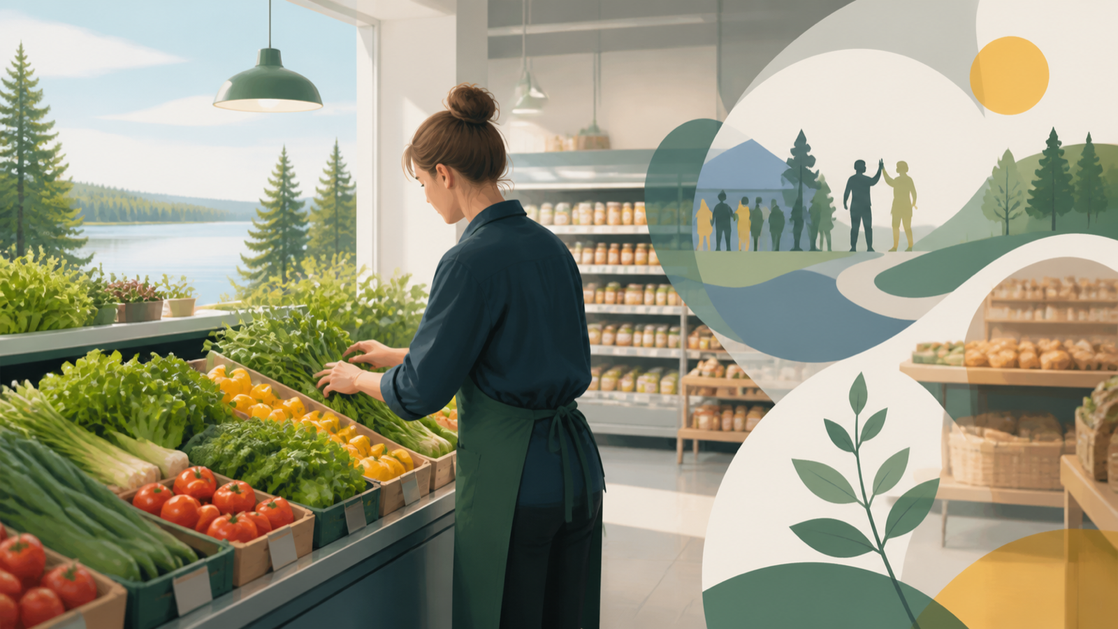 Kuvituskuva nuoresta työntekijästä järjestämässä vihanneksia pohjoissuomalaisessa ruokakaupassa.