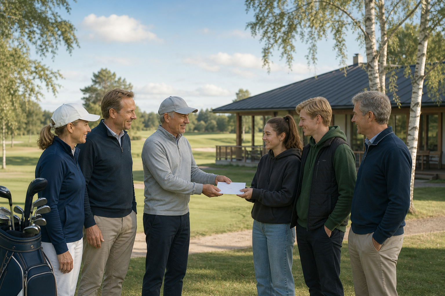 Kuvituskuva hyväntekeväisyysgolfin osallistujista luovuttamassa keräystuottoa nuorisotyön edustajille suomalaisella golfkentällä