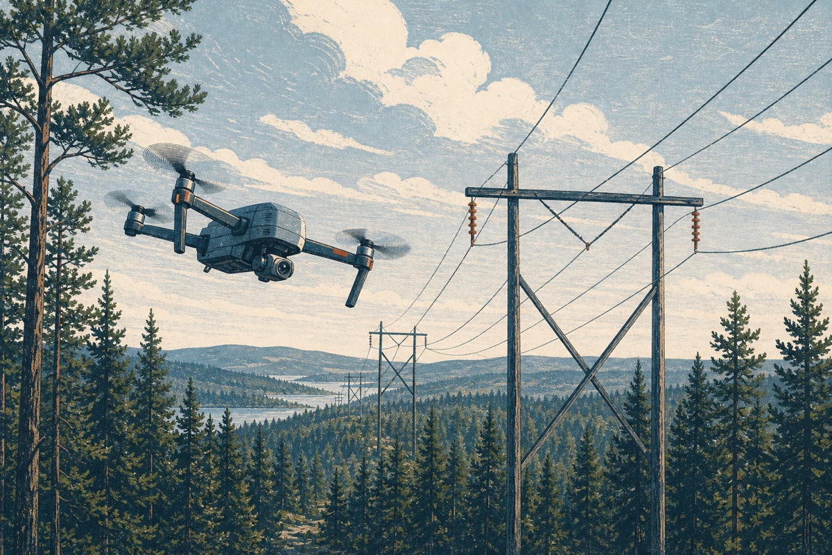 Toimituksellinen kuvitus sähkölinjaa suomalaisessa metsässä tarkastavasta droonista