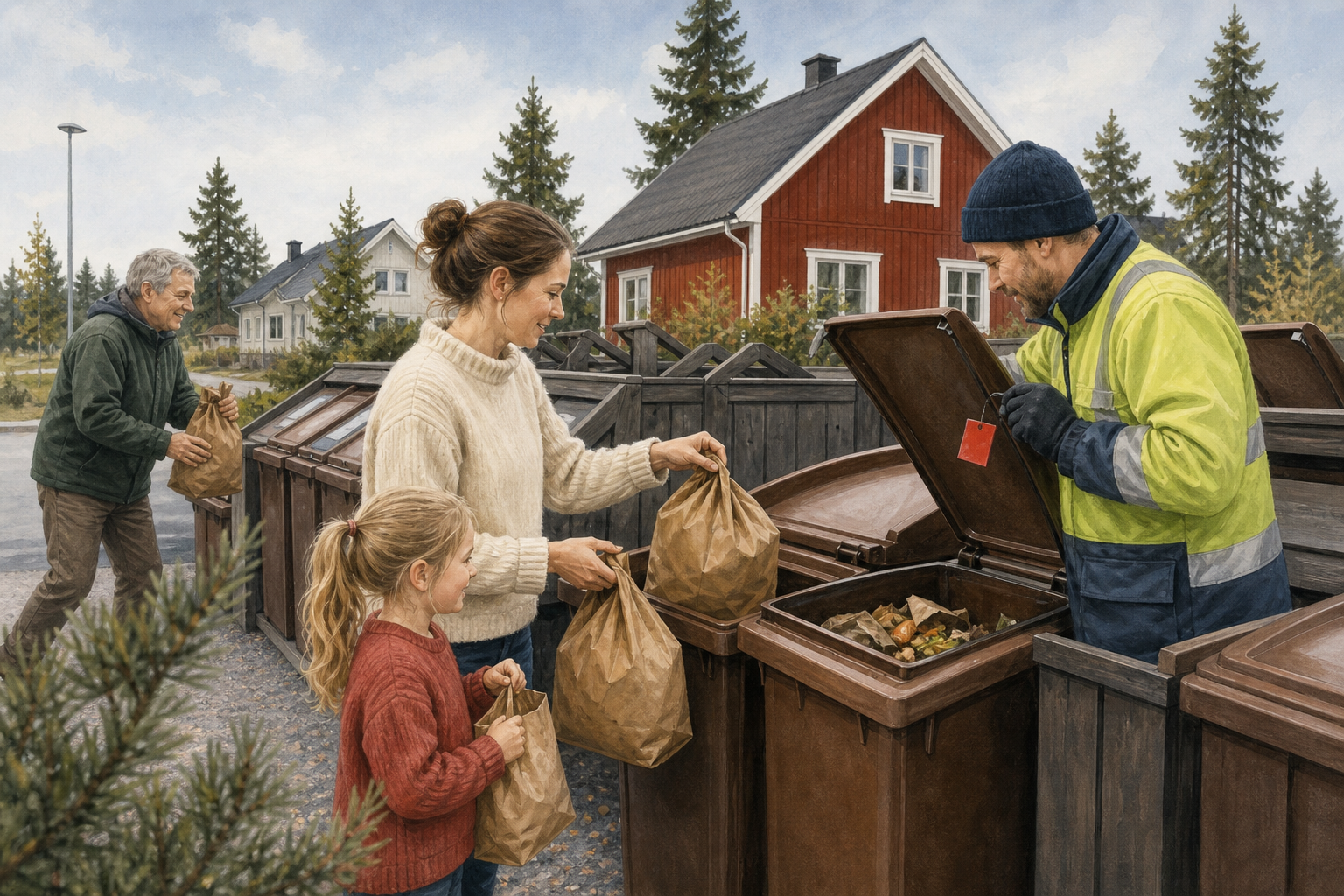 Kuvituskuva kotitalouksista, jotka lajittelevat biojätteen paperipusseissa, ja keräystyöntekijästä tarkastamassa astiaa.