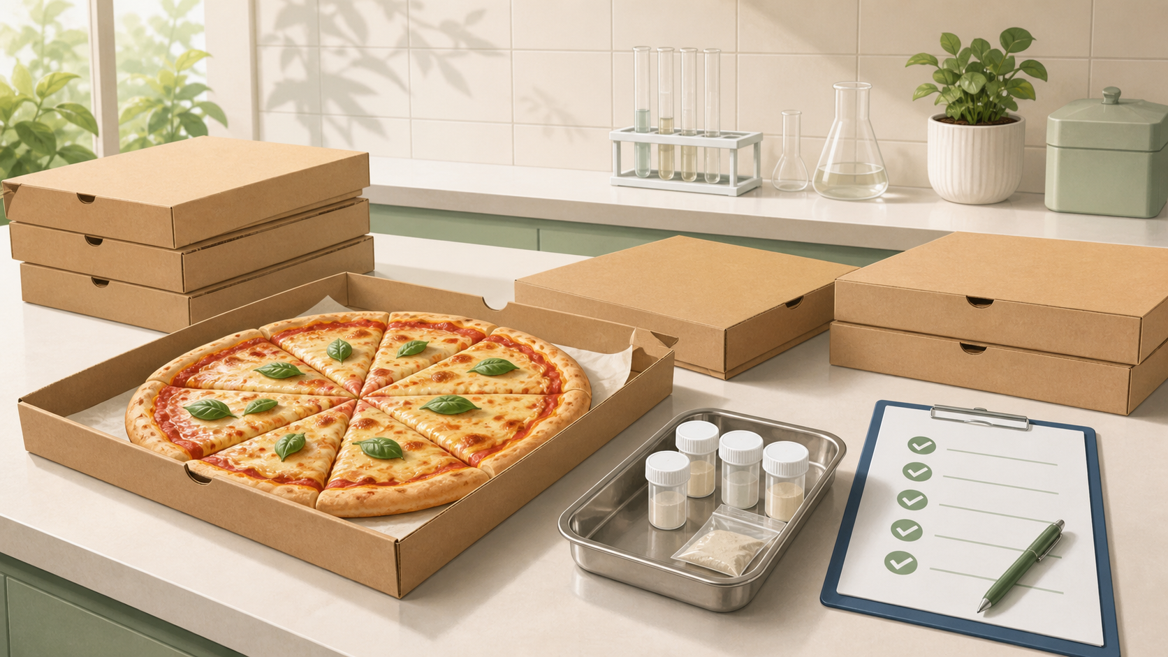 Kuvituskuva gluteenittomien pizzojen näytteenotosta ja tarkistuslistasta.