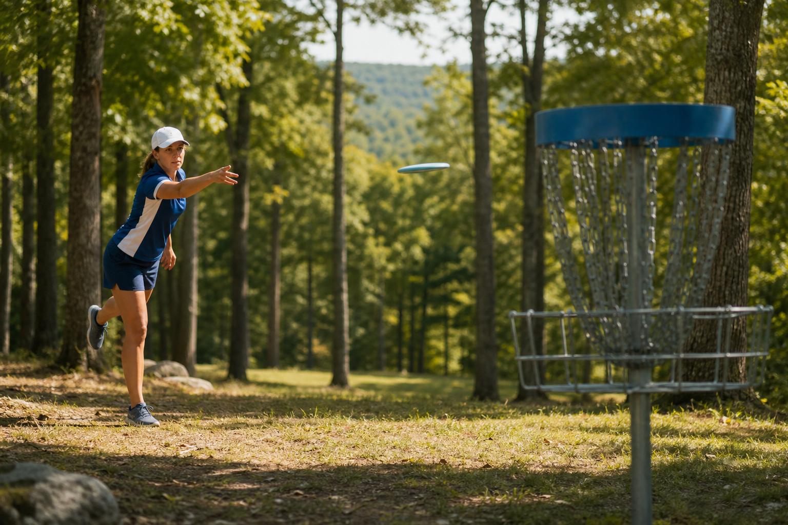 Kuvituskuva naisesta heittämässä frisbeegolfkiekkoa kohti koria metsäisellä kilpailuradalla