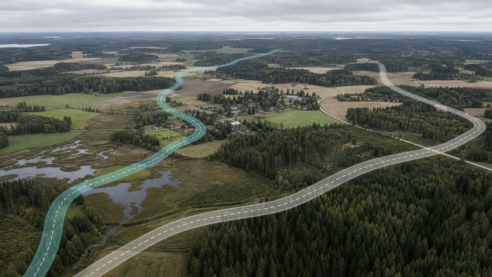 Kuvituskuva kahdesta vaihtoehtoisesta reittilinjasta suomalaisessa maaseutumaisemassa.