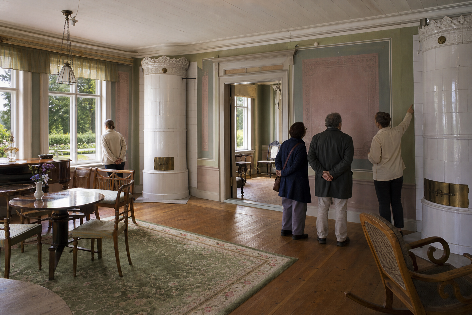 Kuvituskuva restauroidun suomalaisen jugendkartanon sisätilasta, museovieraista ja alkuperäisiä pintoja esittelevästä konservaattorista