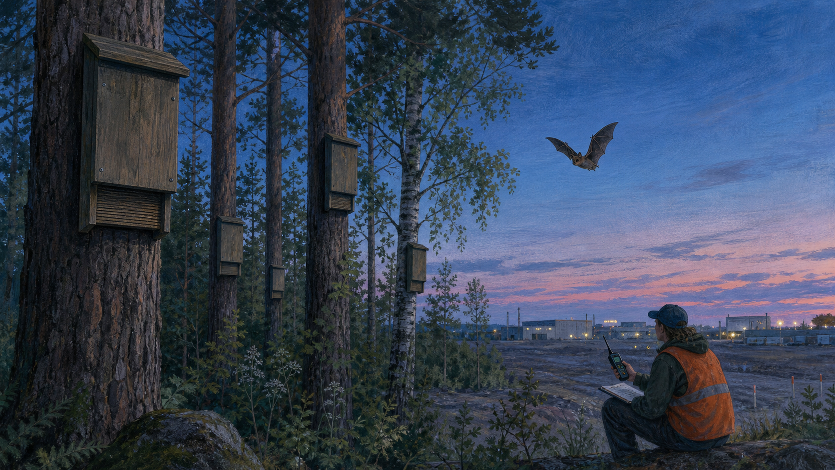 Kuvituskuva puissa olevista lepakkopöntöistä ja niiden käyttöä kesäillassa seuraavasta ekologista.