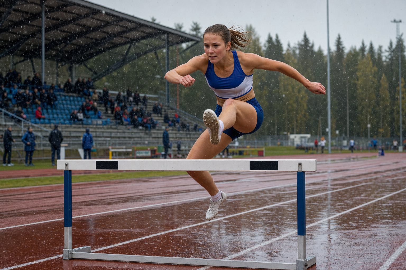 Kuvituskuva suomalaisesta 400 metrin aitajuoksijasta sateisella stadionilla