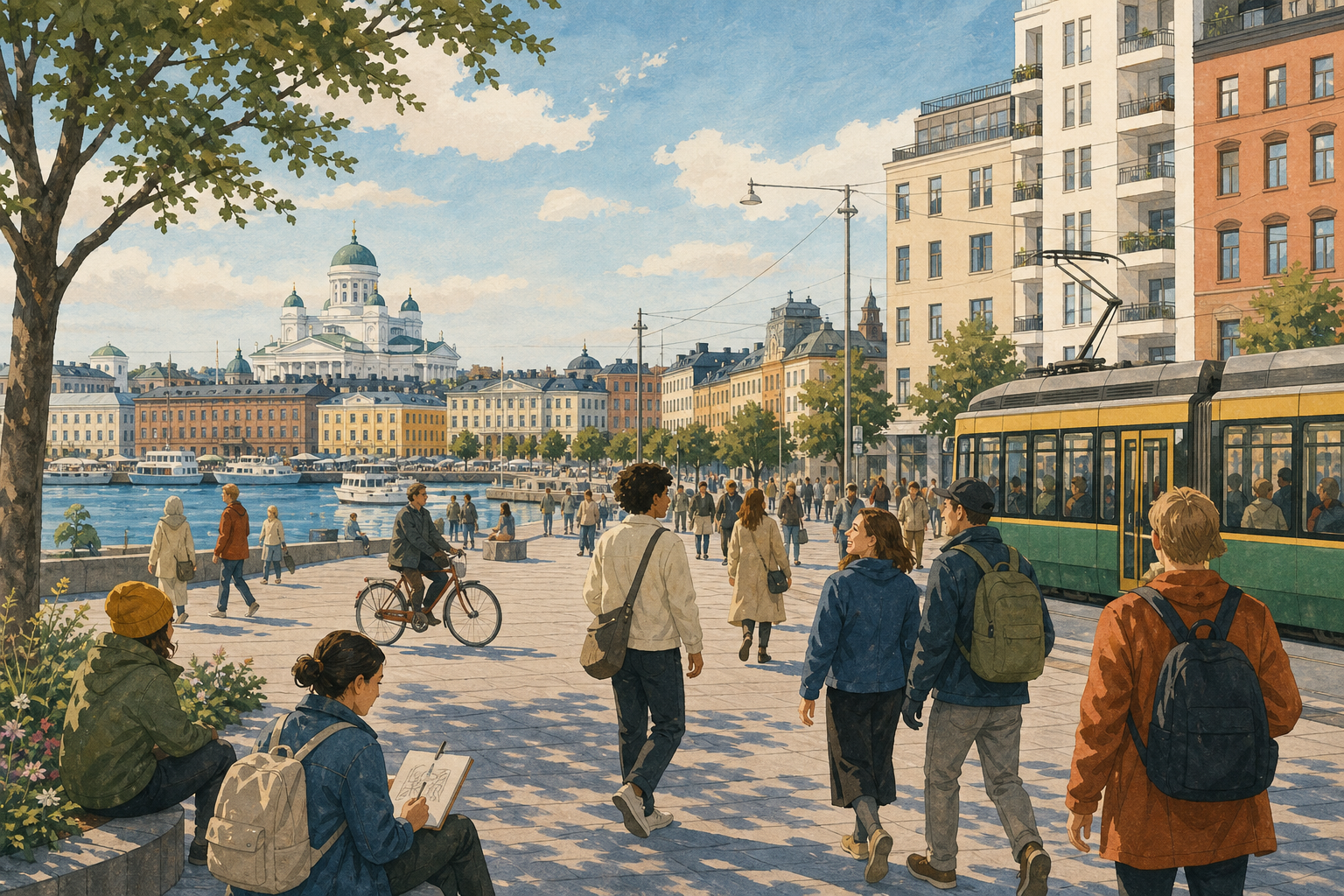 Kuvituskuva kasvavan Helsingin kaupunkielämästä, raitiovaunusta, jalankulkijoista ja merellisestä keskustasta.