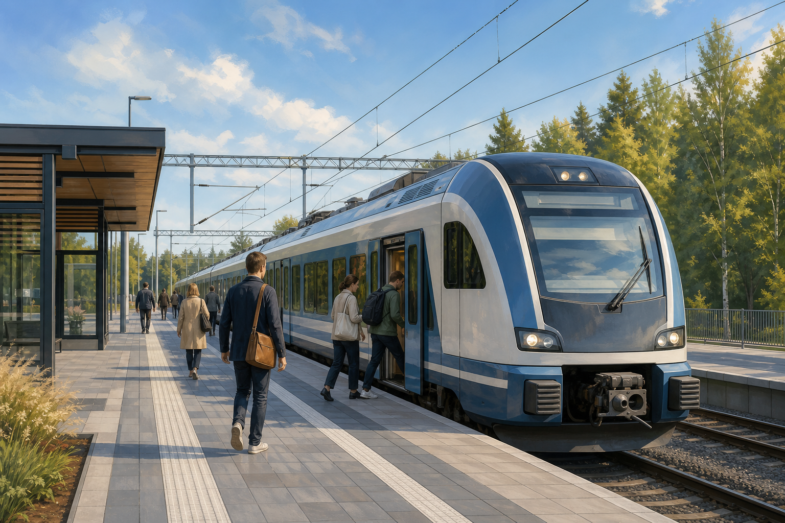Kuvituskuva lähijunasta uudistetulla suomalaisella asemalla loppukesän aamuna.