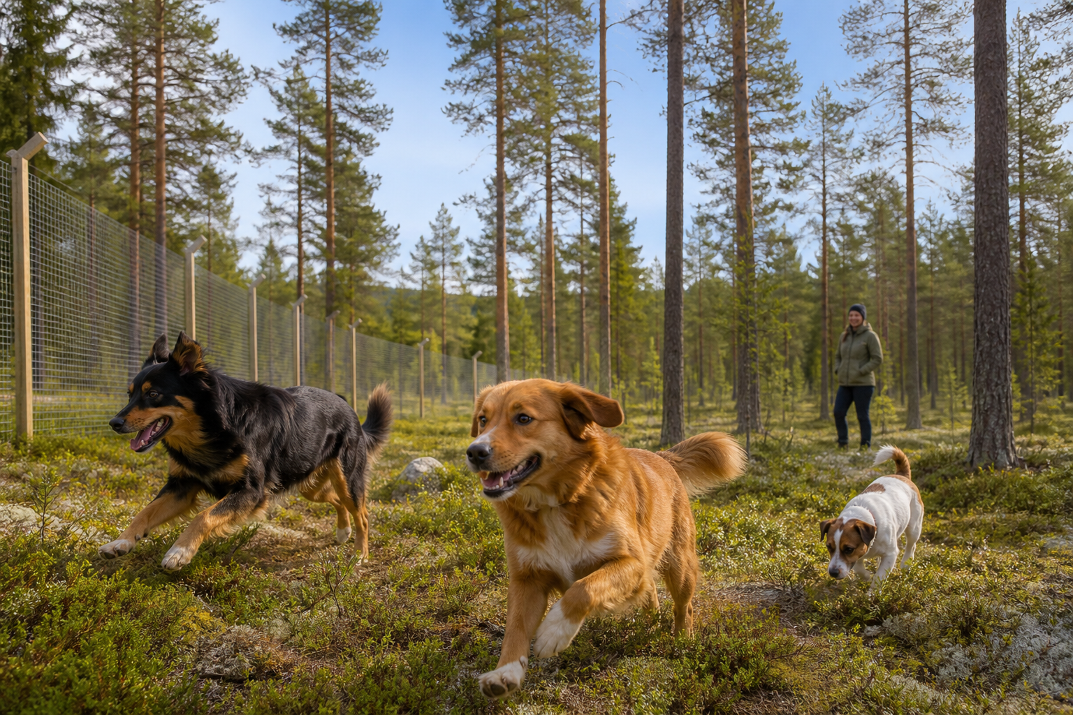 Kuvituskuva kolmesta koirasta juoksemassa aidatussa pohjoissuomalaisessa metsässä.
