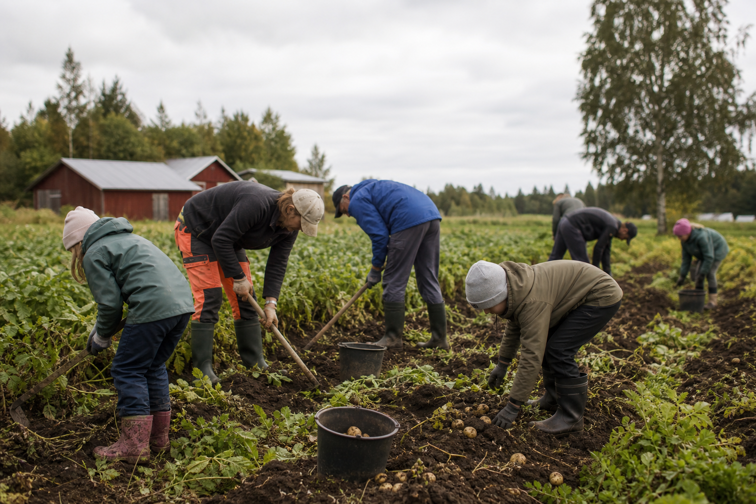 Kuvituskuva eri-ikäisistä ihmisistä nostamassa perunoita yhteiseltä pellolta suomalaisessa maalaismaisemassa.