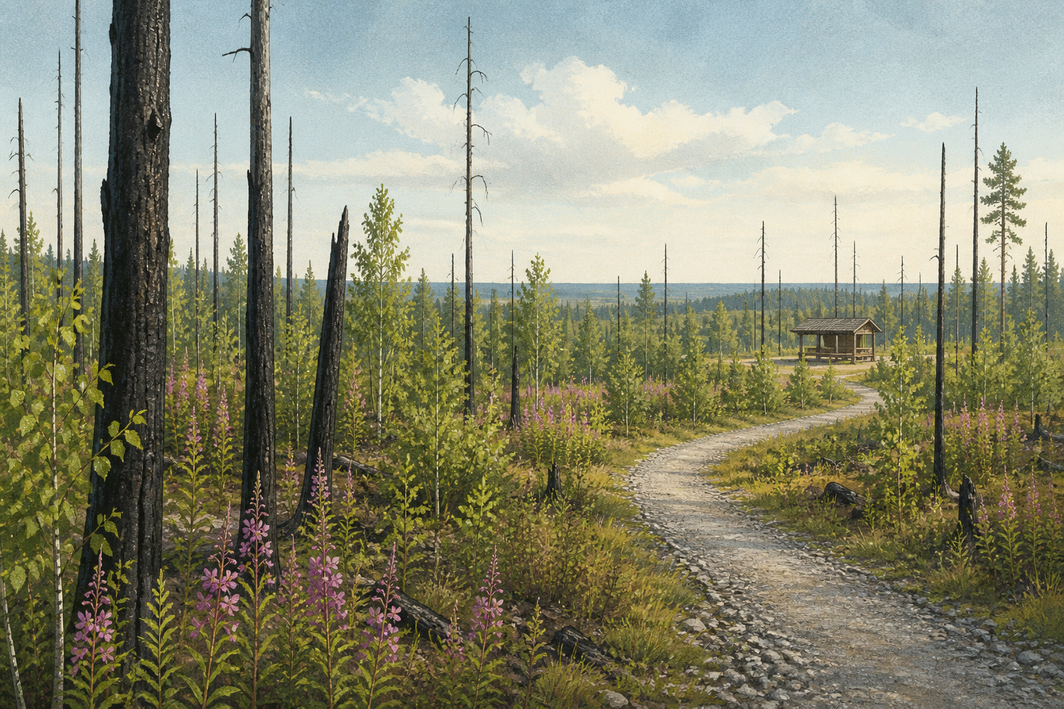 Kuvituskuva elpyvästä metsäpaloalueesta, nuorista koivuista, maitohorsmista ja sorapintaisesta pyöräilyreitistä.