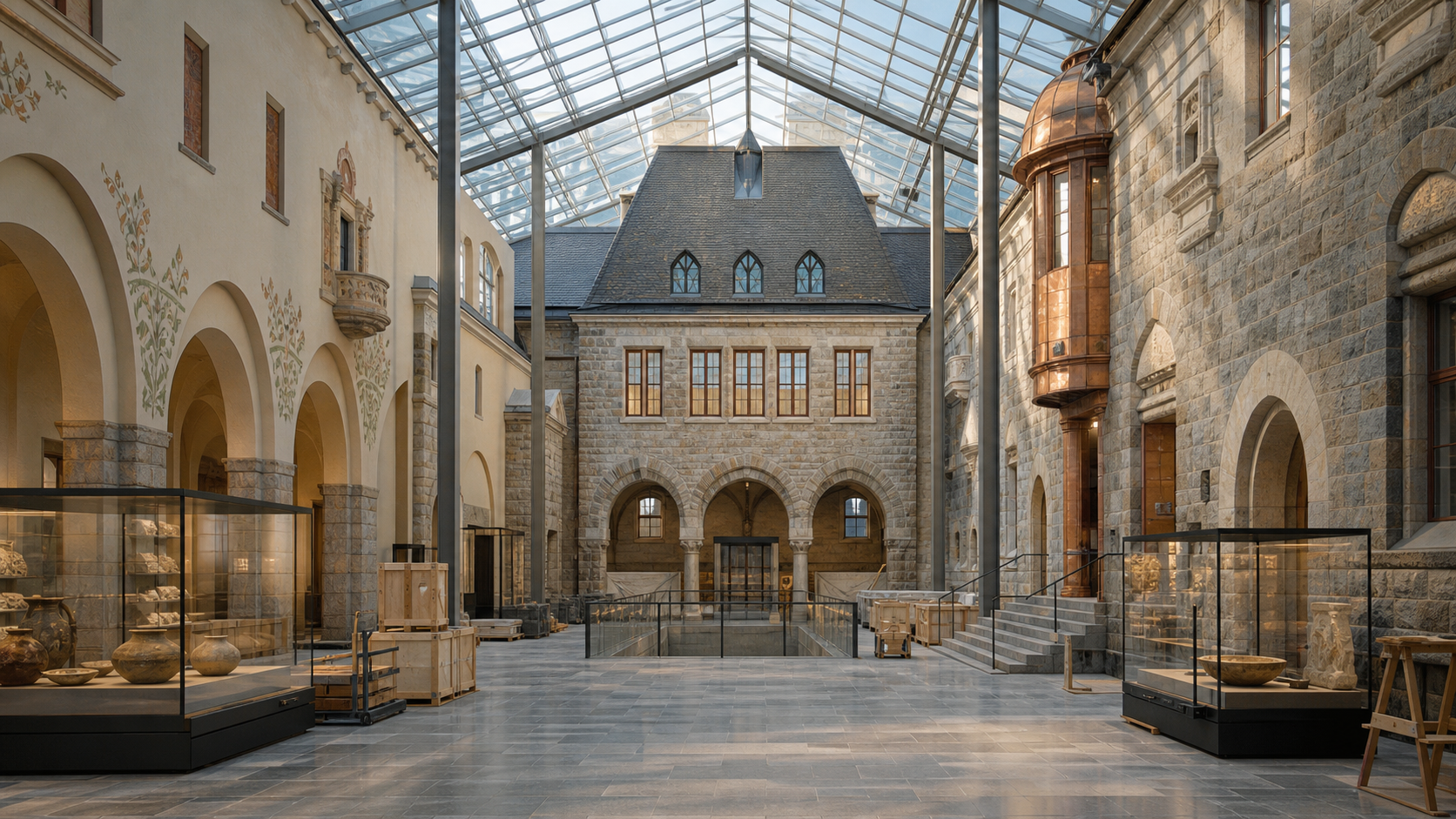 Kuvituskuva kunnostetun historiallisen museorakennuksen lasikattoisesta sisäpihasta.