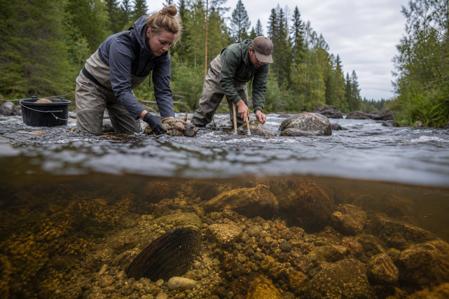 Kuvituskuva suomalaisen kosken sorapohjan kunnostuksesta taimenille ja jokihelmisimpukoille.