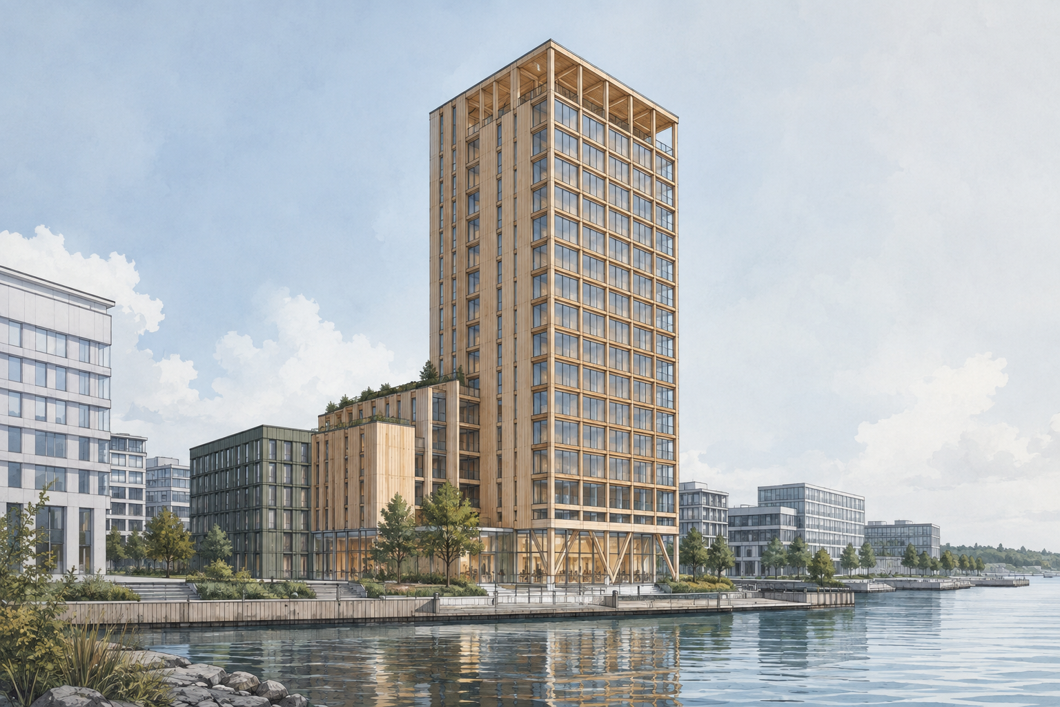 Kuvituskuva korkeasta puurakenteisesta toimistotalosta pohjoismaisessa rantakaupungissa.