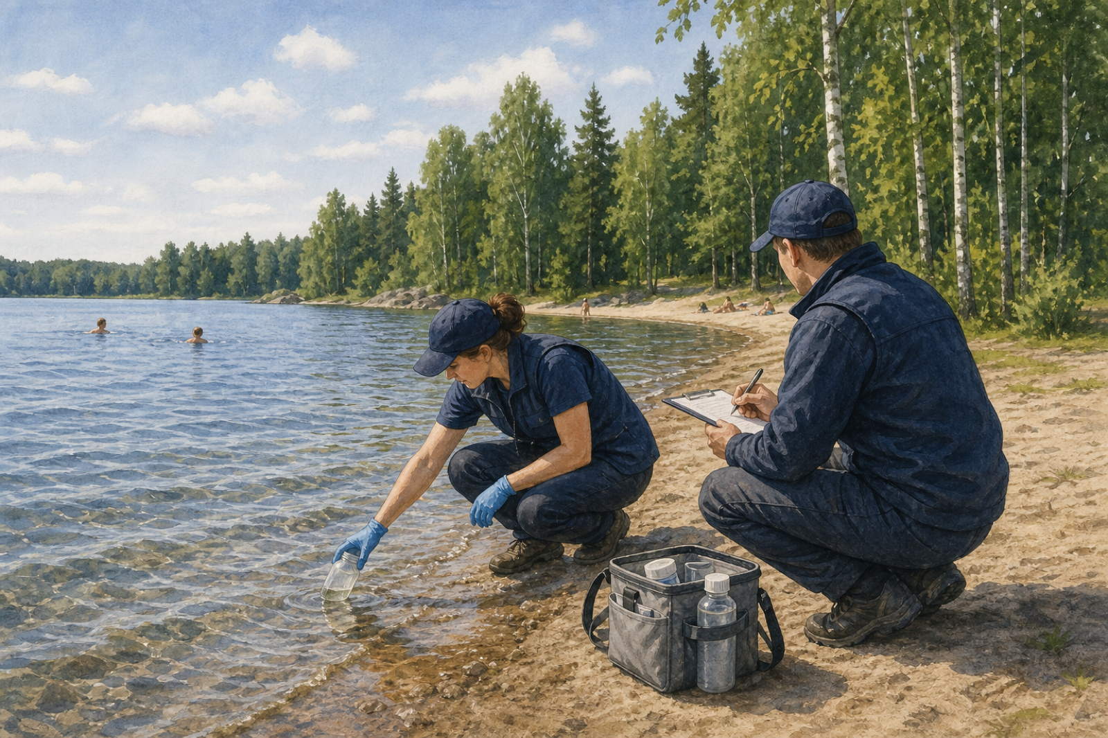 Kuvituskuva ympäristöterveyden työntekijöistä ottamassa uimavesinäytettä suomalaisen järven rannalla.