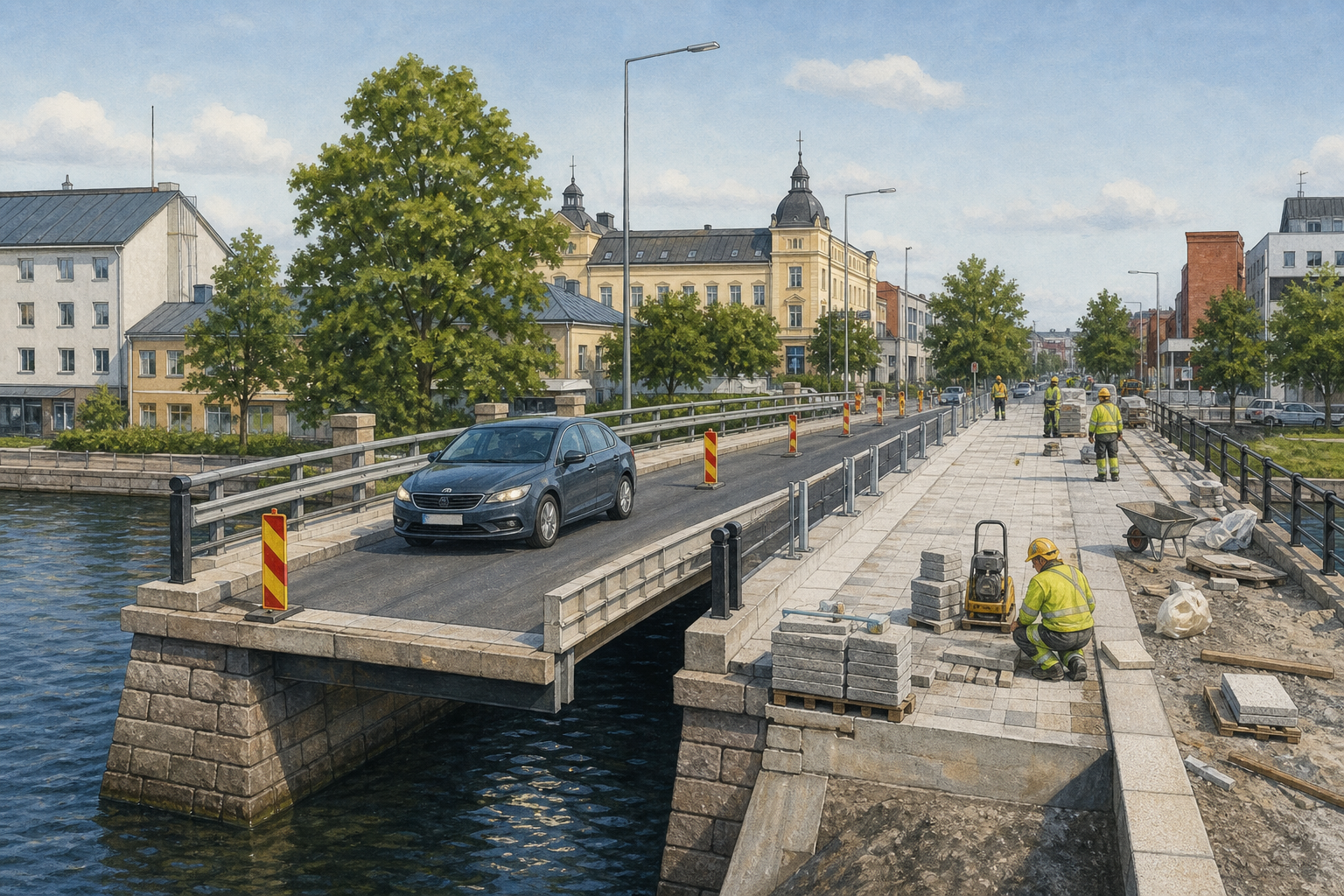 Kuvituskuva autosta ylittämässä korjattua siltaa yhdellä avoimella kaistalla viimeistelytöiden jatkuessa.