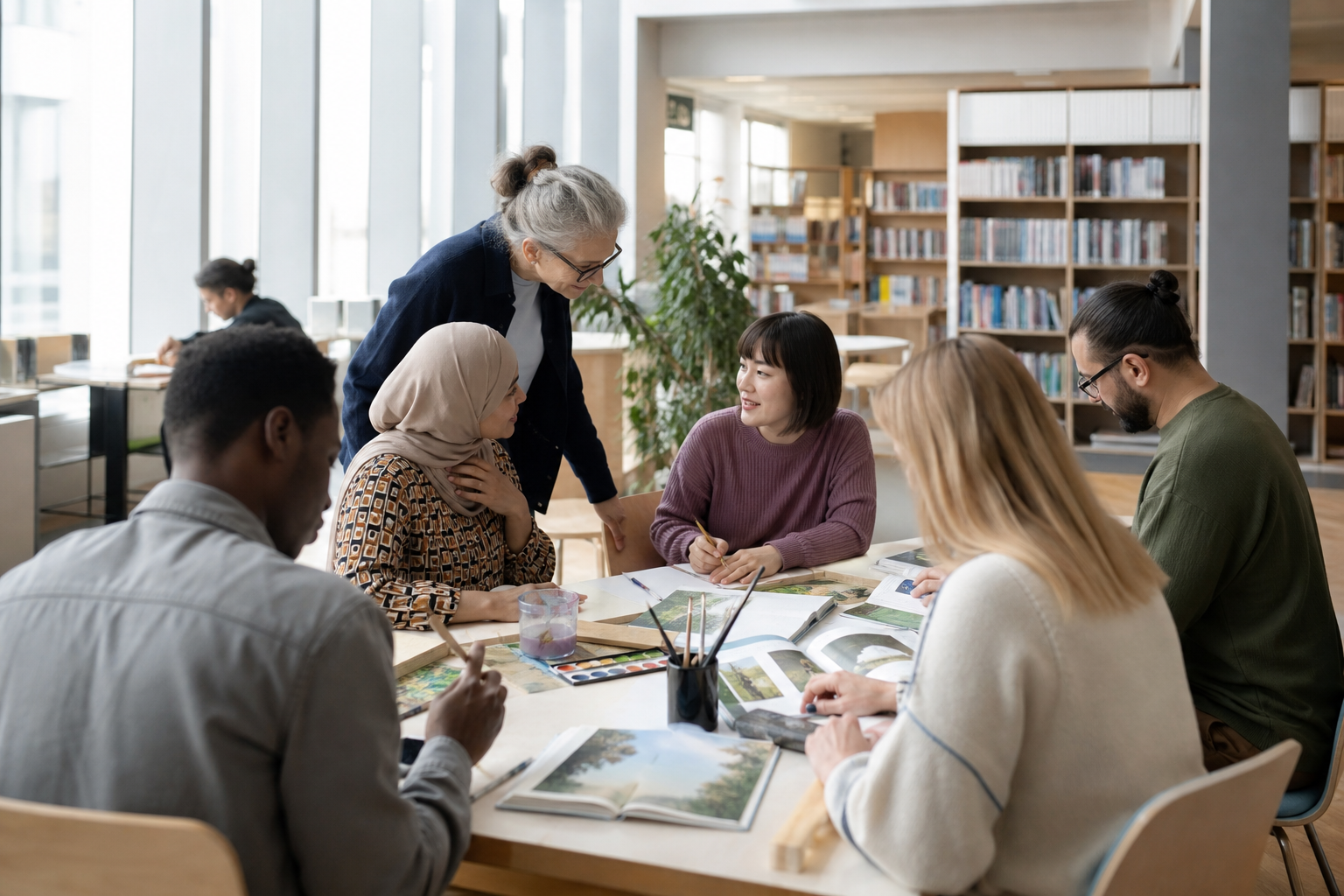 Kuvituskuva fiktiivisestä monikielisestä kulttuurityöpajasta suomalaisessa kirjastossa.