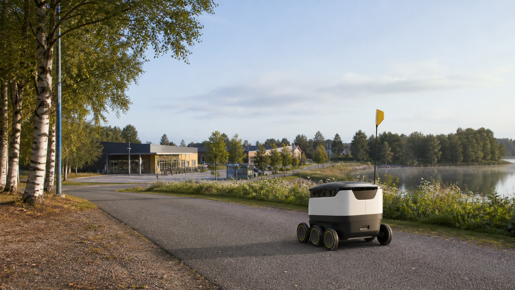 Kuvituskuva pienestä ruokakuljetusrobotista suomalaisen järvenrantataajaman kevyen liikenteen väylällä.