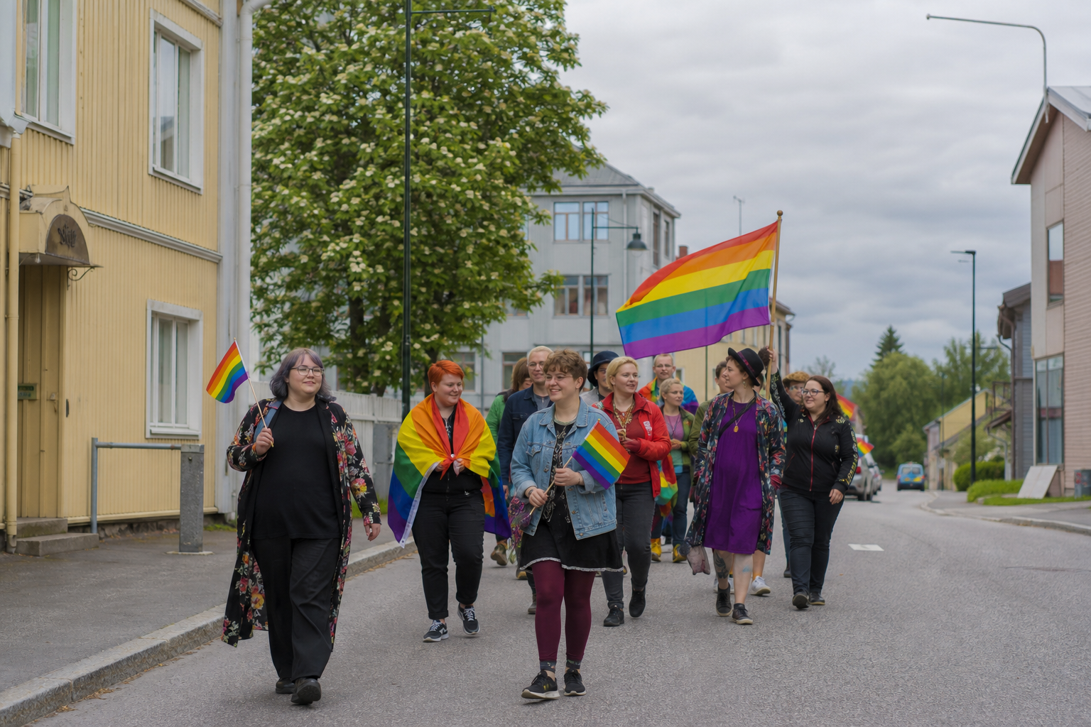 Rauhallinen pieni Pride-kulkue suomalaisen kaupungin kadulla.