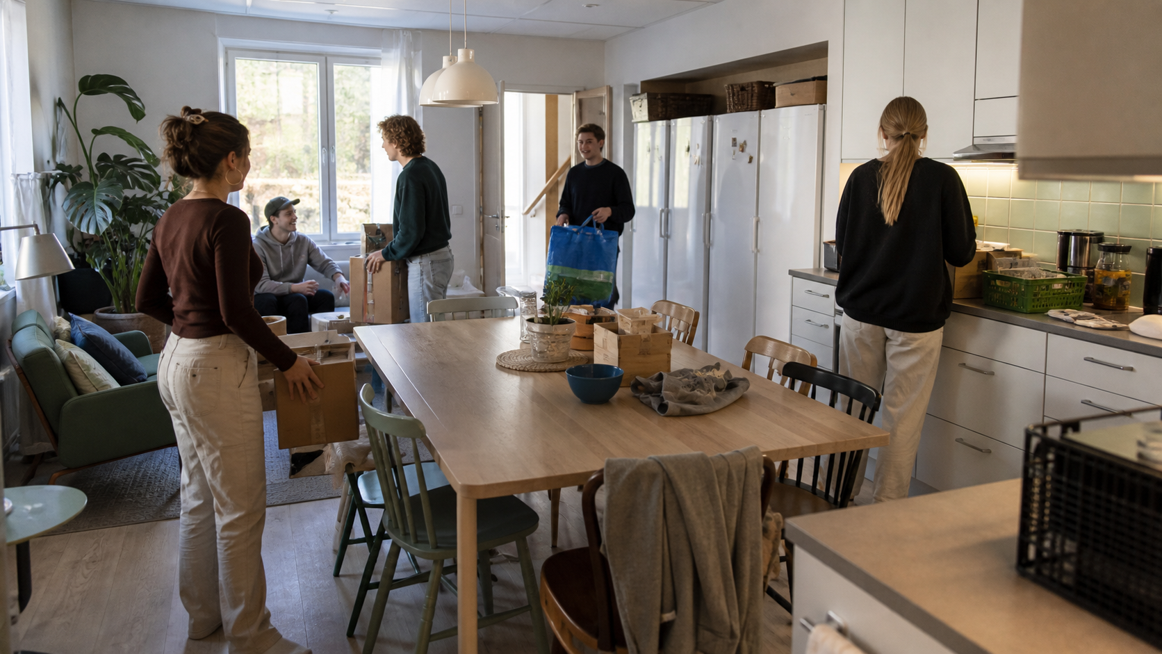 Kuvituskuva opiskelijoista purkamassa tavaroita yhteisöllisen opiskelijatalon yhteisessä keittiö-olohuoneessa.