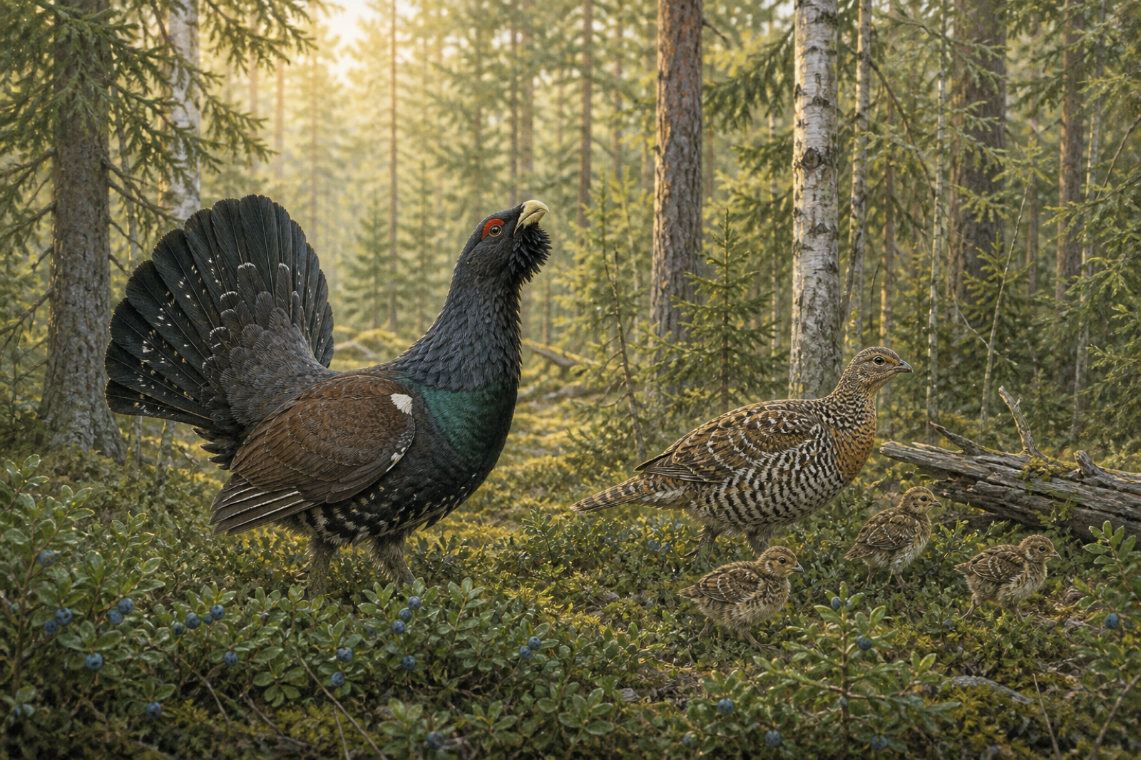 Kuvituskuva metsosta, koppeloista ja poikasista itäsuomalaisessa metsässä.