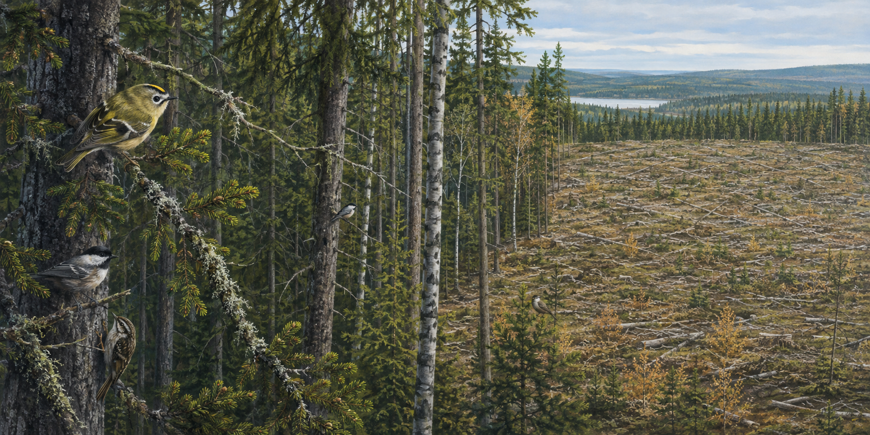 Kuvituskuva boreaalisesta metsämaisemasta, jossa yhtenäinen vanha metsä hallitsee ja rajattu avohakkuu näkyy sen vieressä.