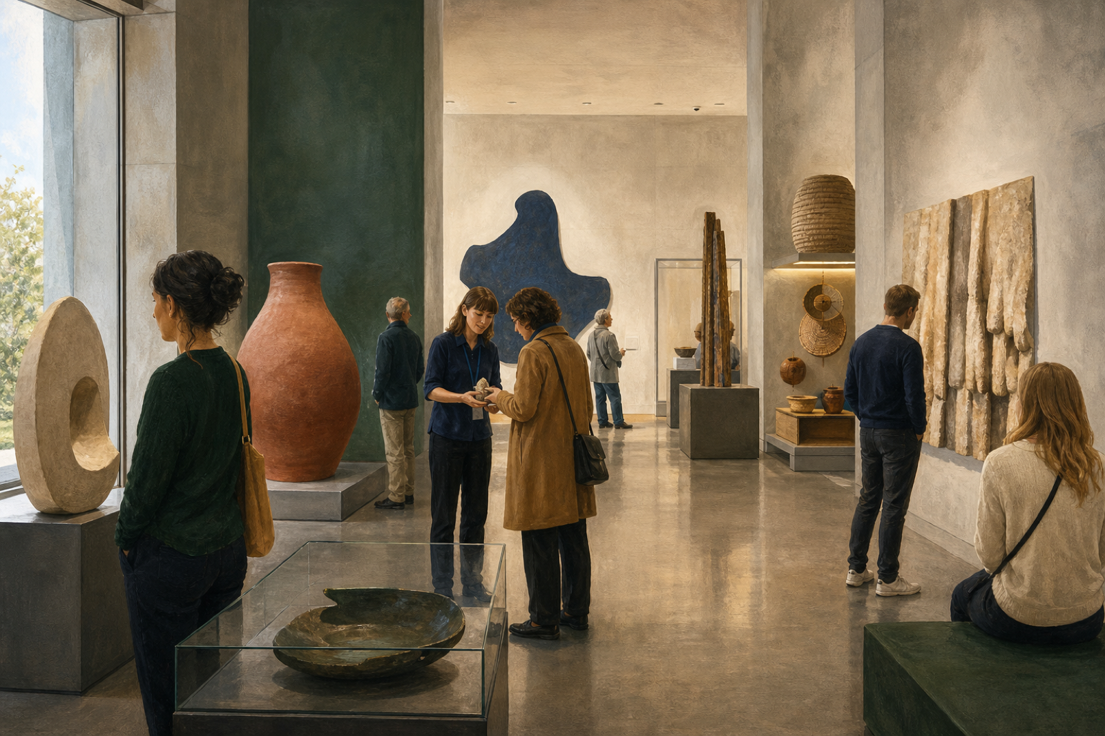 Kuvituskuva kävijöistä ja työntekijästä suomalaisessa museossa.