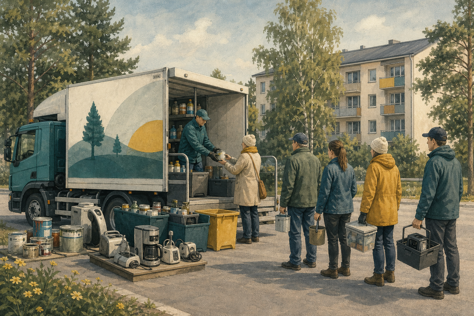 Kuvituskuva kiertävästä keräysautosta, joka vastaanottaa turvallisesti maaleja ja käytöstä poistettuja sähkölaitteita.