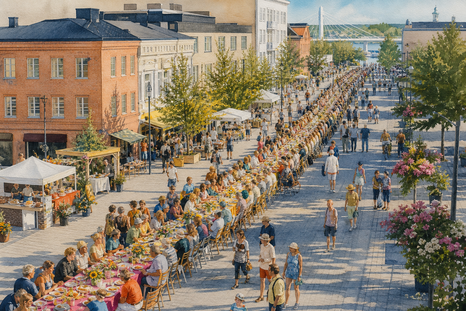 Kuvituskuva pitkästä yhteisestä ruokapöydästä, joka kulkee kesäisen Oulun keskustan halki.