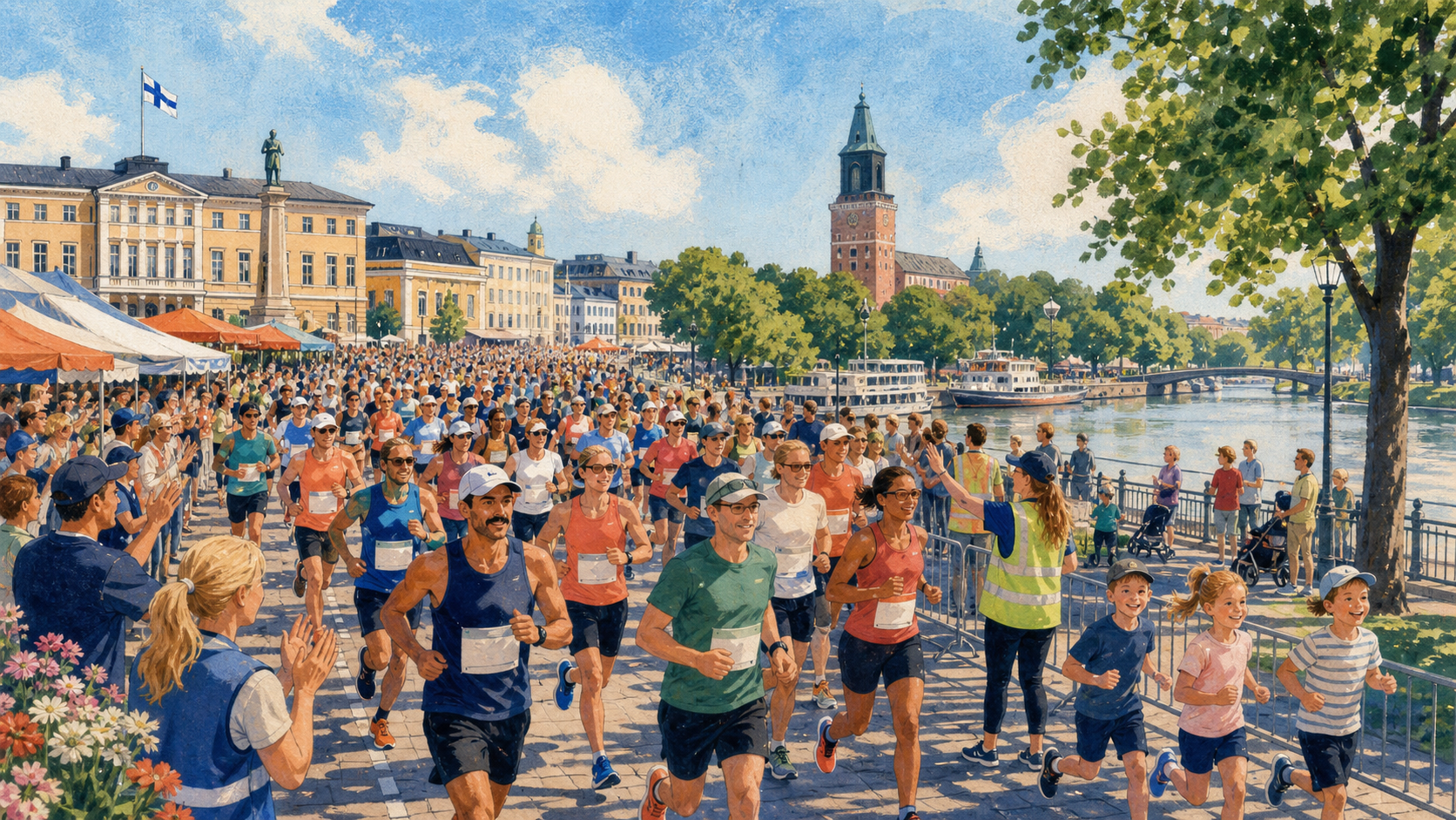 Kuvituskuva suuresta juoksijajoukosta ja kannustajista Turun jokirannassa kesäisen kaupunkijuoksun aikana.