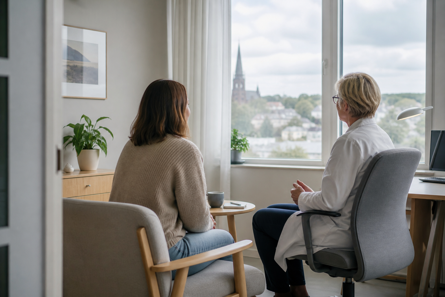 Kuvituskuva potilaan ja terveydenhuollon ammattilaisen rauhallisesta keskustelusta vastaanottohuoneessa.