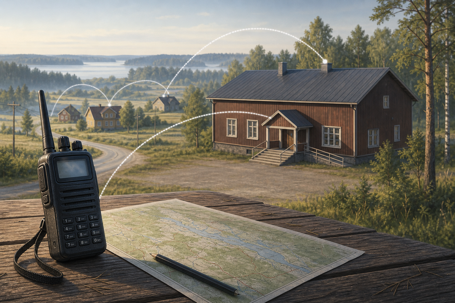 Kuvituskuva kylätalon ja kotien välisestä radioyhteydestä suomalaisessa maalaismaisemassa.