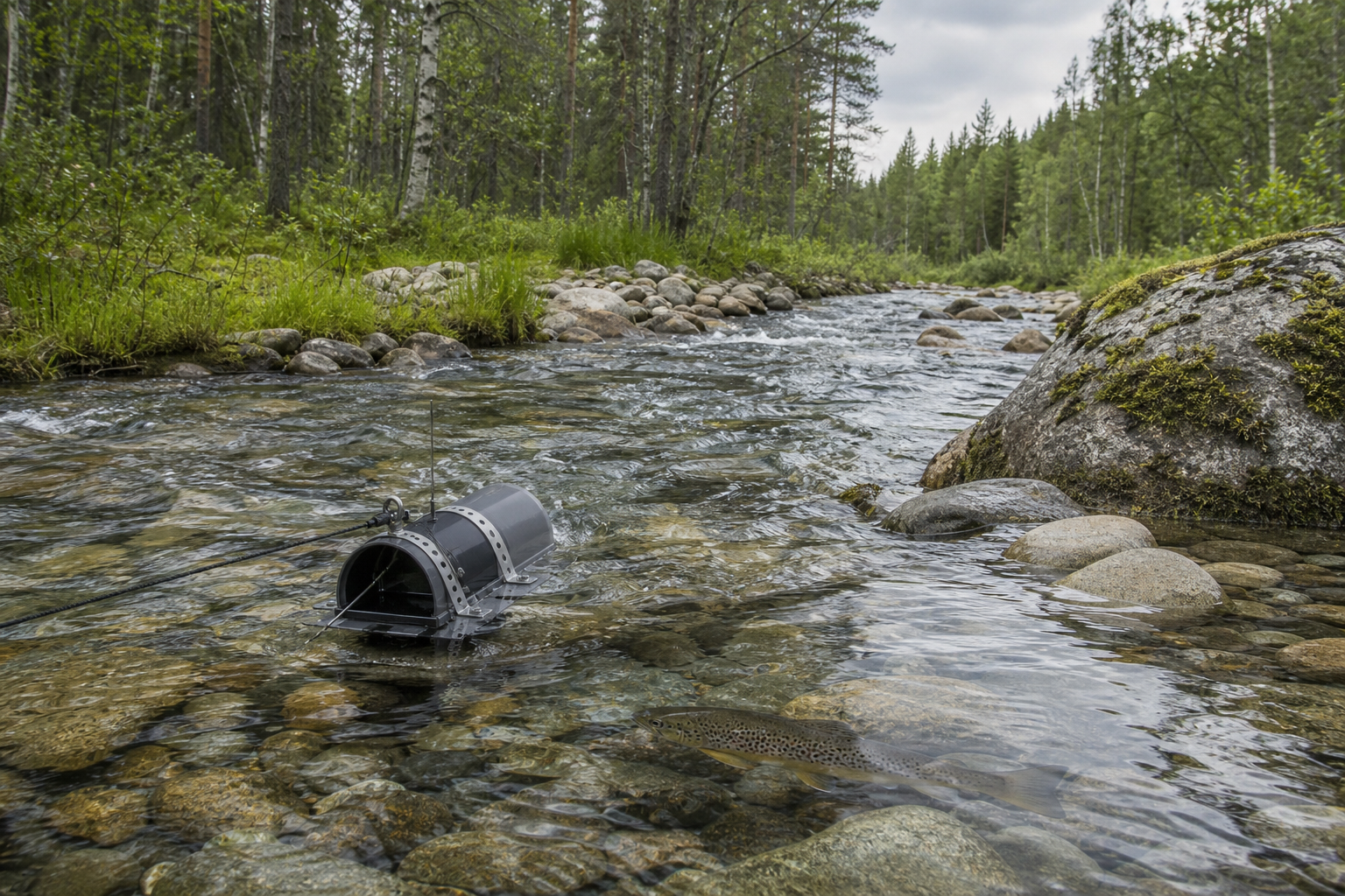 Kuvituskuva ennallistetusta metsäjoesta, kalanseurantalaitteesta ja taimenesta veden alla