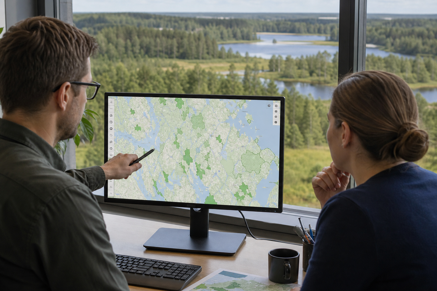Kuvituskuva ihmisistä tarkastelemassa Suomen suojelualueita karttapalvelussa metsä- ja järvimaiseman äärellä