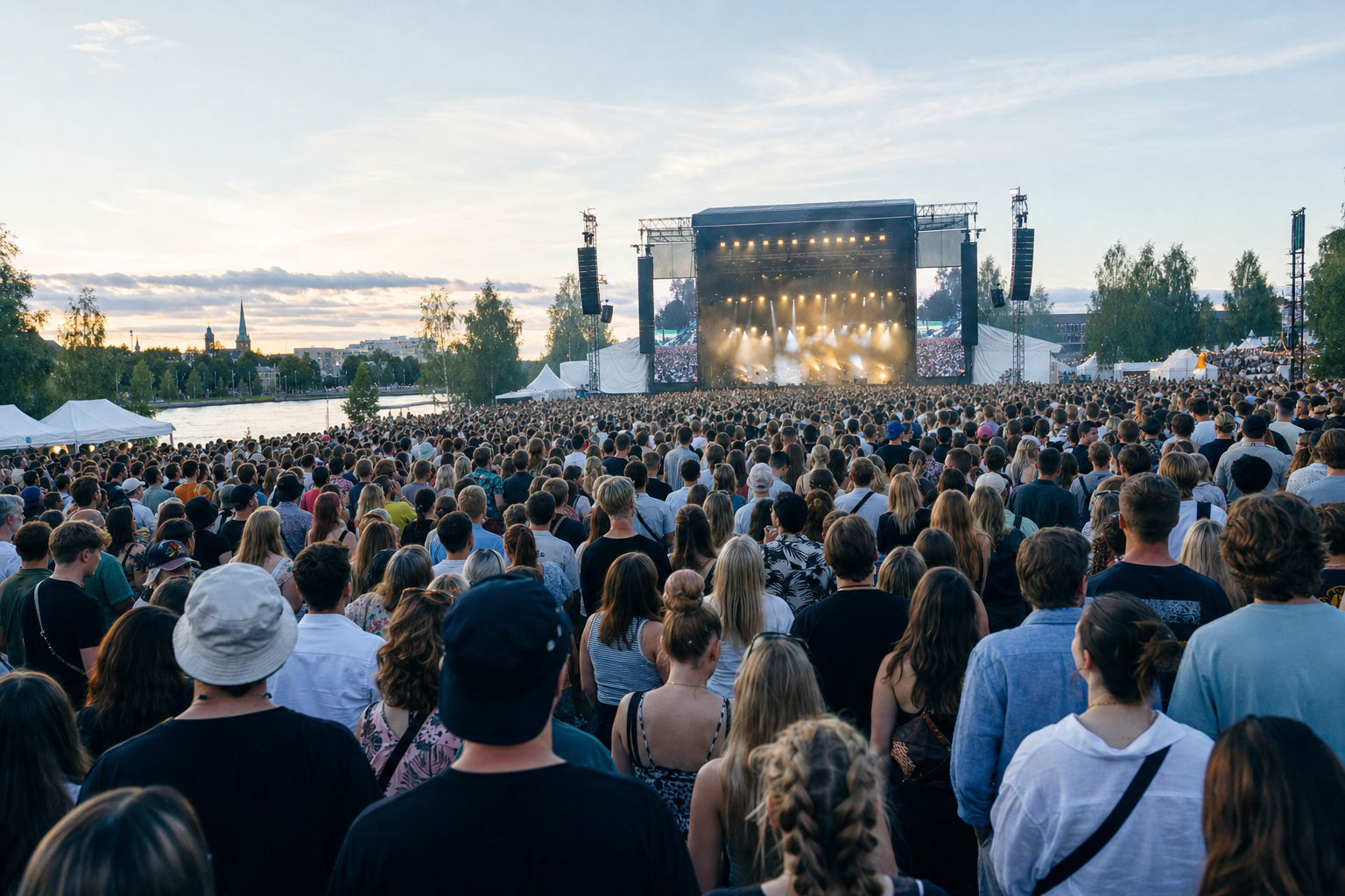 Kuvituskuva täydestä mutta rauhallisesta ulkoilmafestivaalista Oulun kesäillassa