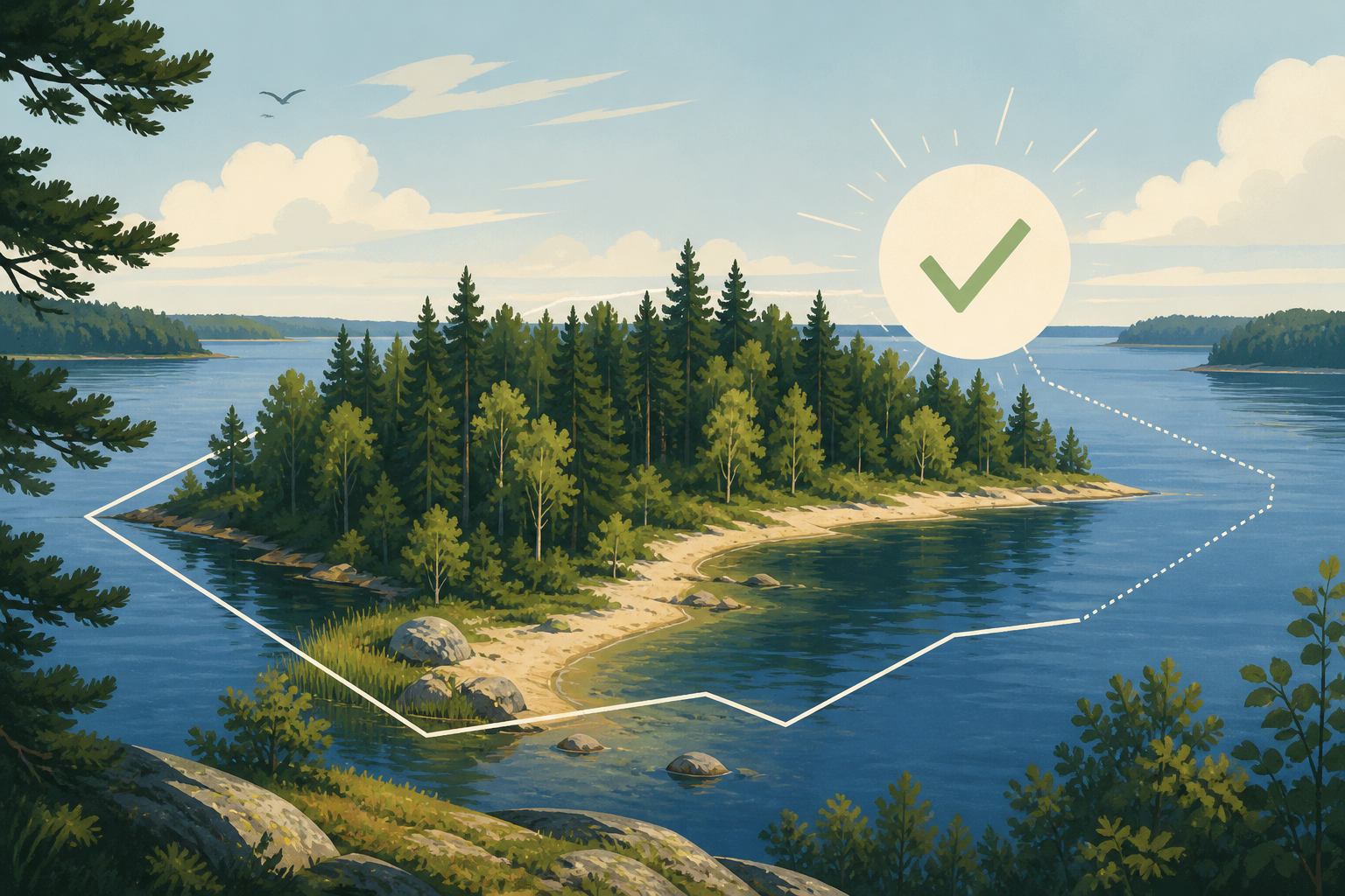 Kuvituskuva metsäisestä järvialueesta ja sitä ympäröivästä abstraktista kiinteistörajasta.