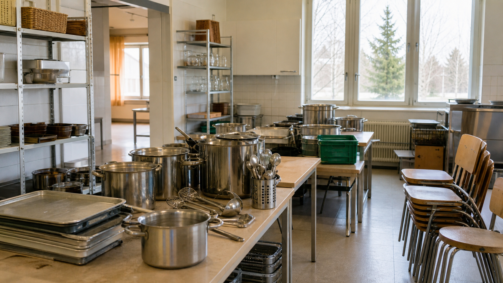 Kuvituskuva vanhan julkisen rakennuksen keittiötarvikkeista järjestettynä uudelleenkäyttöä varten.