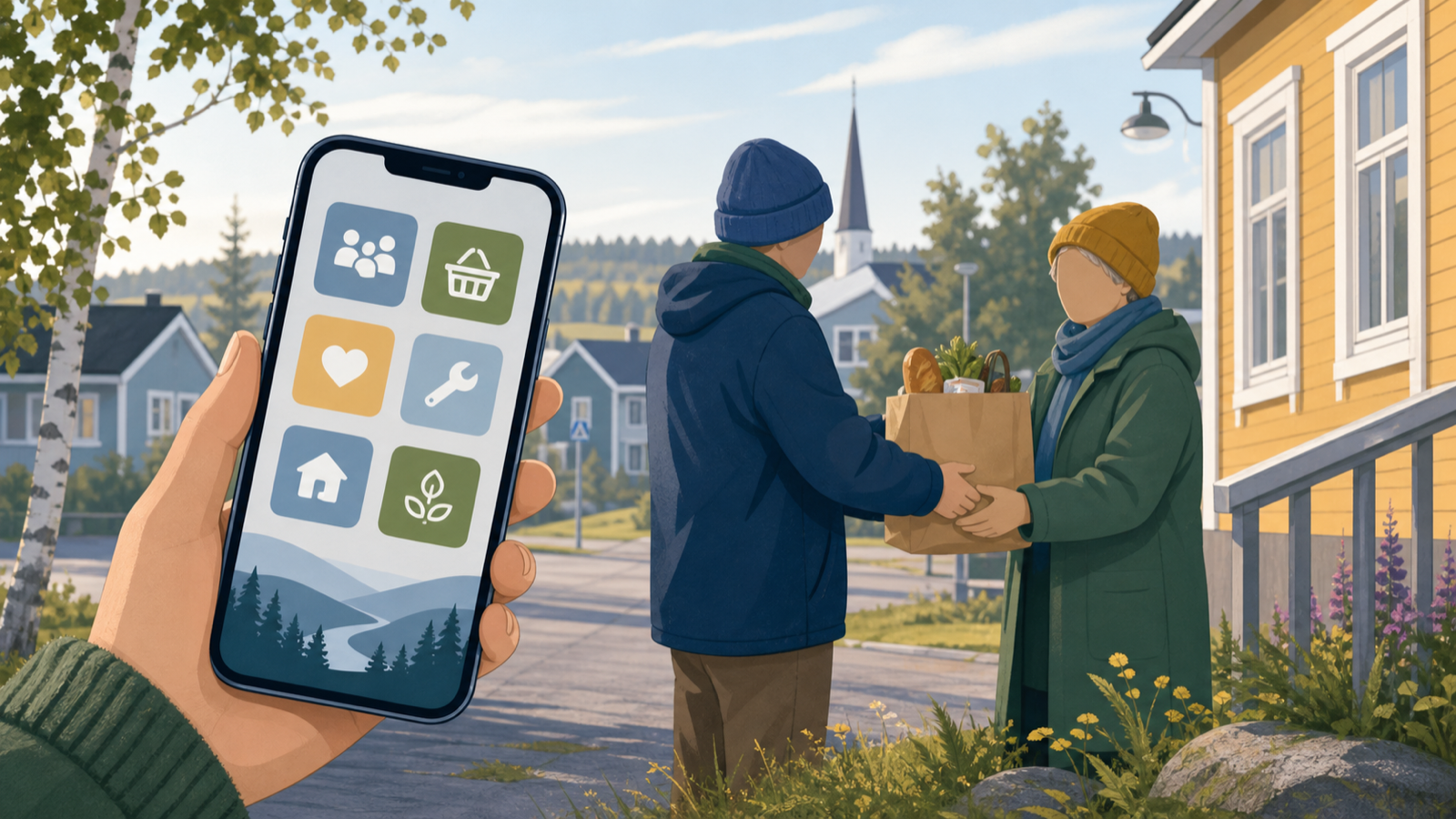 Kuvituskuva yhteisösovelluksesta ja naapureiden välisestä ruoka-avusta pohjoissuomalaisessa taajamassa.