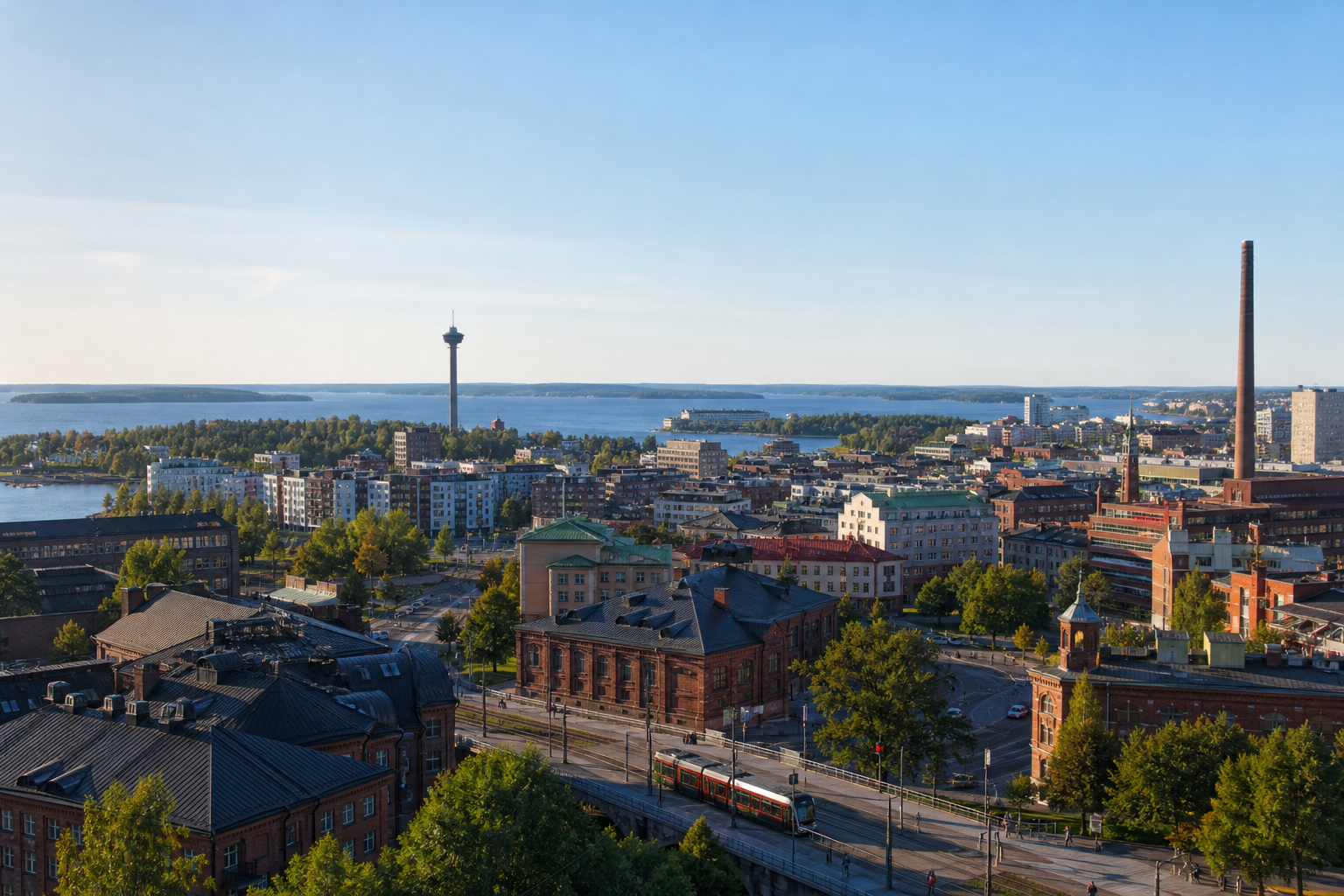 Kuvituskuva Tampereen keskustasta ja järvimaisemasta kirkkaana loppukesän päivänä.