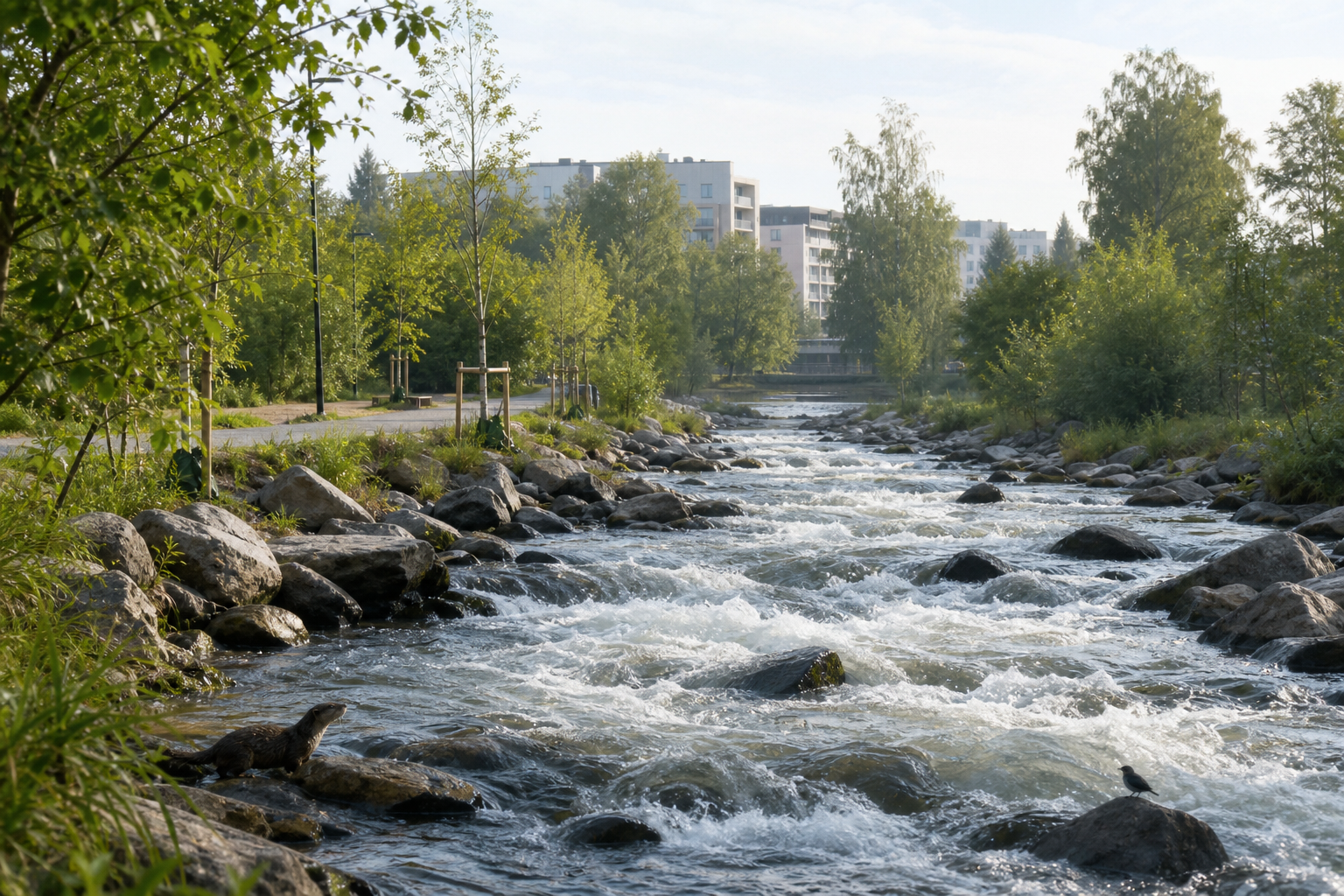 Kuvituskuva kivisestä koskesta suomalaisen kaupungin puistossa, rannalla saukko ja kivellä koskikara