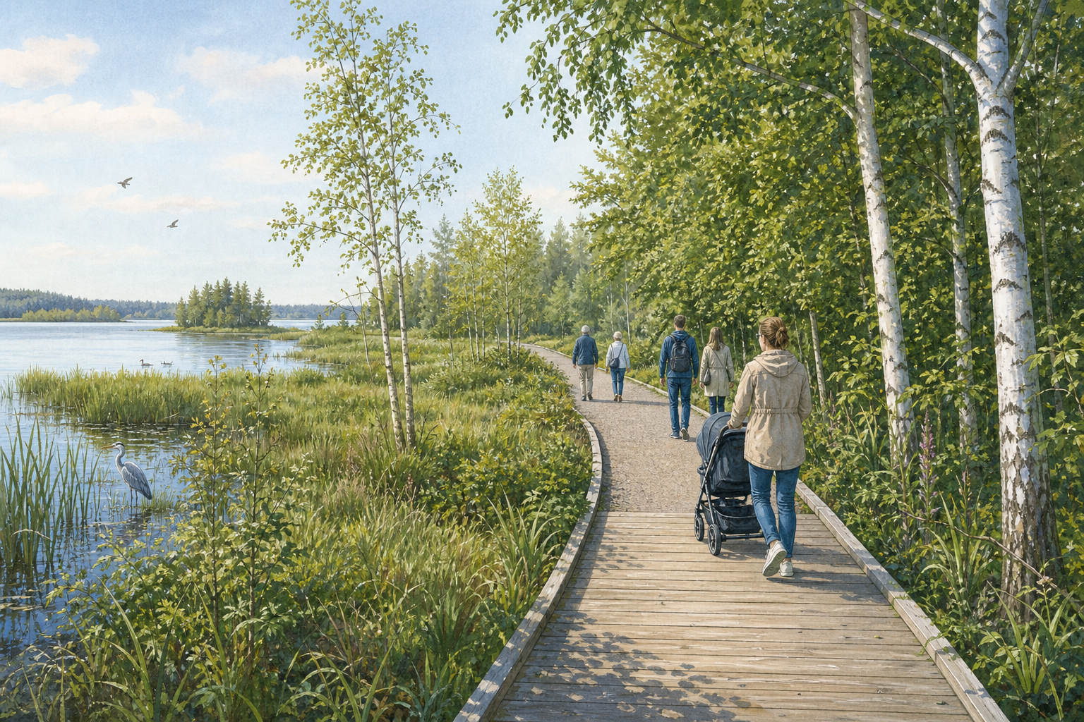 Kuvituskuva helppokulkuisesta Satakielenraitista Tuusulanjärven rantaluonnossa elokuun alussa