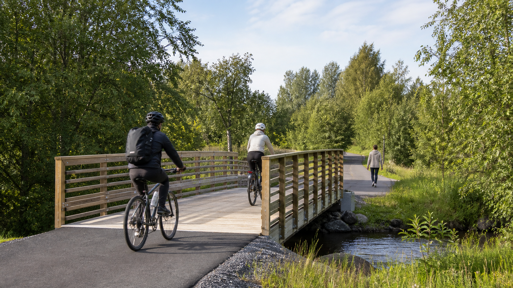 Kuvituskuva kävelijästä ja pyöräilijöistä uudella puusillalla vehreässä suomalaisessa puistossa.