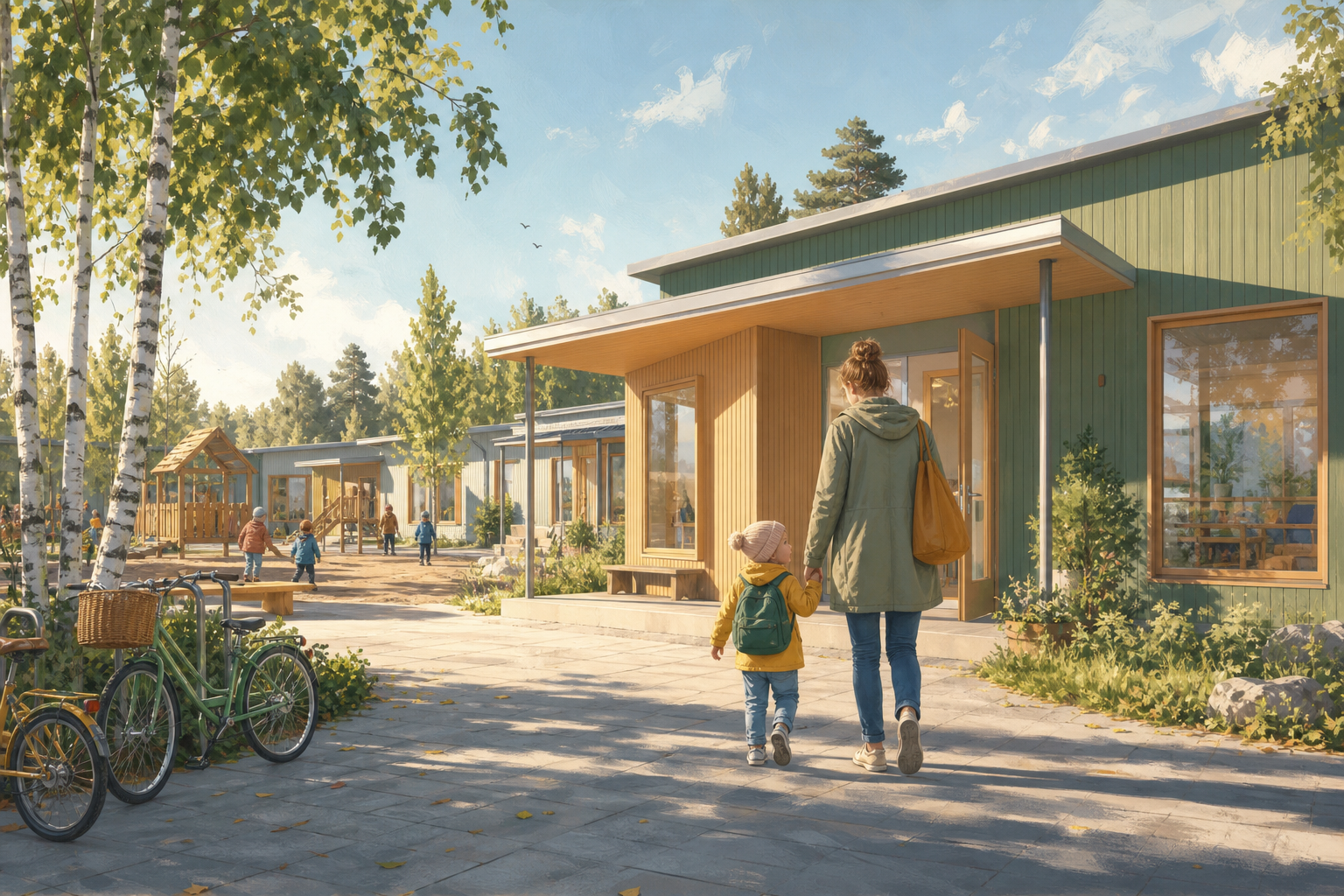 Kuvituskuva vanhemmasta ja pienestä lapsesta saapumassa suomalaiseen päiväkotiin.
