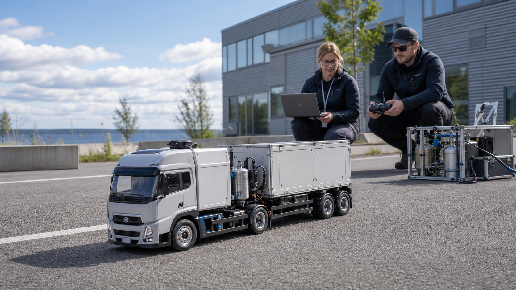 Kuvituskuva pienestä vetyä käyttävästä kauko-ohjattavasta kuorma-autosta ammattikorkeakoulun testipihalla.