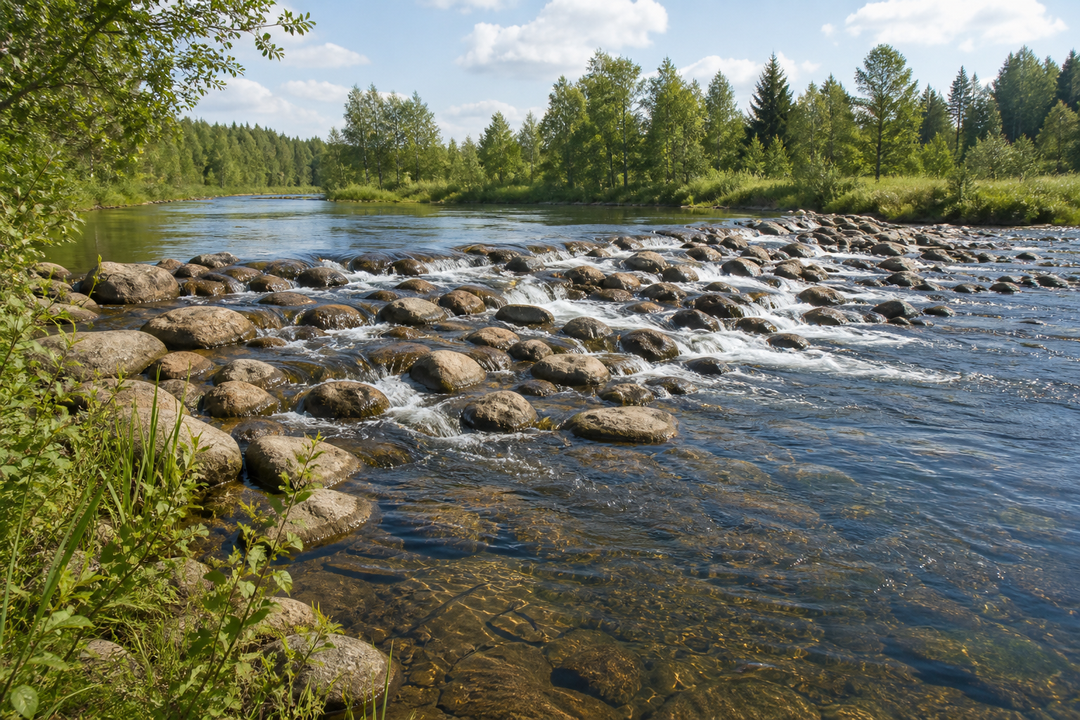Kuvituskuva luonnonmukaisesta kivisestä pohjapadosta suomalaisessa joessa.