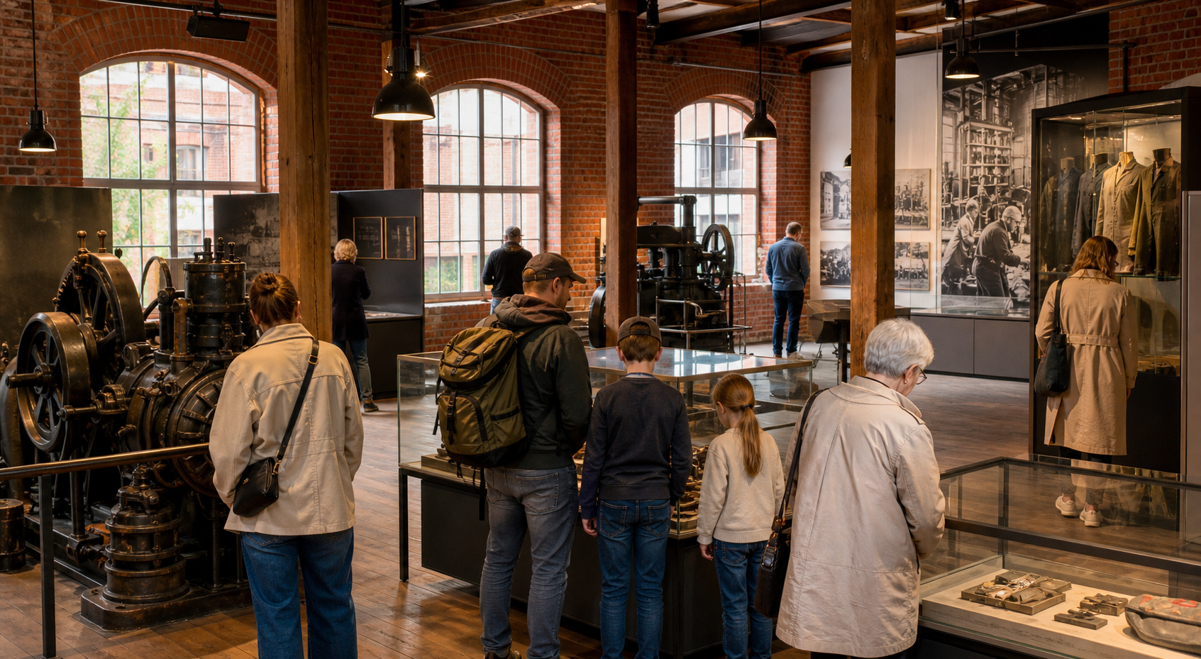 Kuvituskuva kävijöistä teollisuushistoriallisessa museossa vanhassa tiilirakennuksessa.