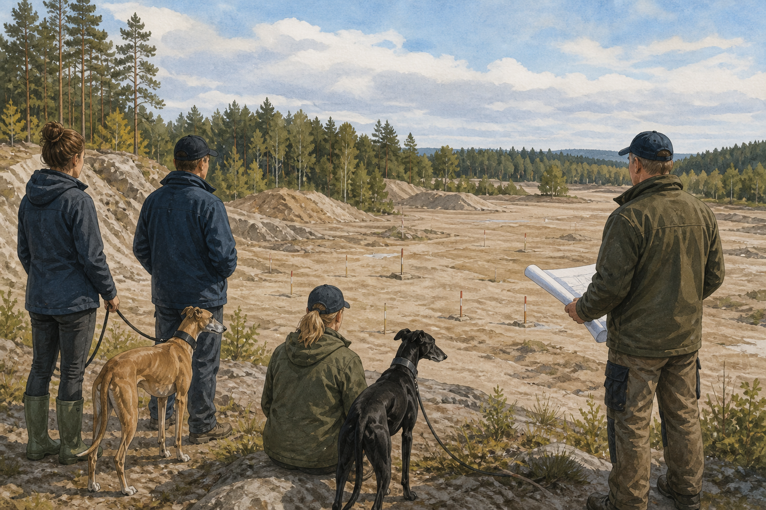 Kuvituskuva vinttikoirakerhon jäsenistä ja koirista tarkastelemassa tulevan rata-alueen maastoa.